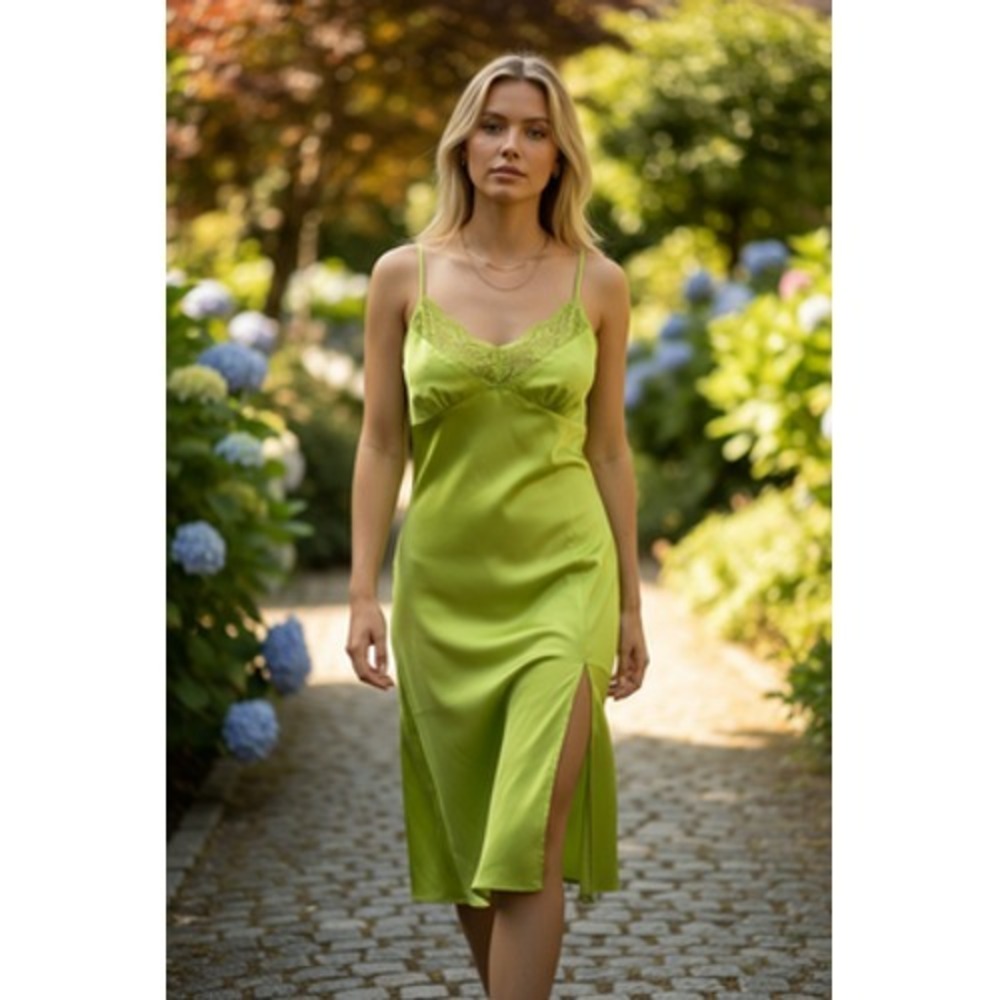 Y2K Green Chemise Gown Womens Medium Satin Lace V Neck Adjustable‎ Strap Nightie